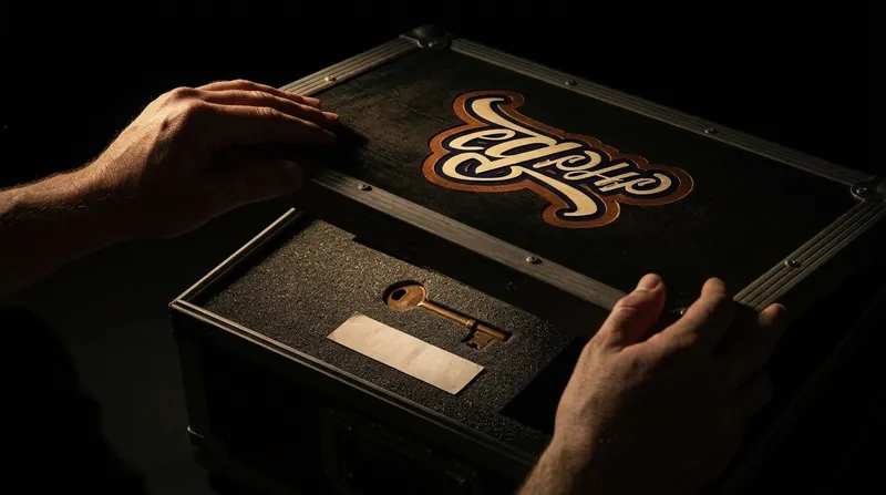 Two hands lifting the lid of a flight case clear of its foam, the mark stamped inside the lid