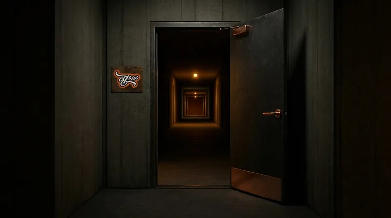 A service door open onto a night-lit corridor, the mark on a plate beside the door