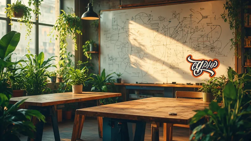 A studio with plants and a working wall, the mark above the bench