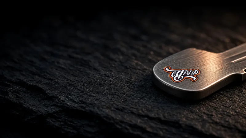 A key resting on dark slate under one raking copper light, the mark on a small enamel badge set into its bow