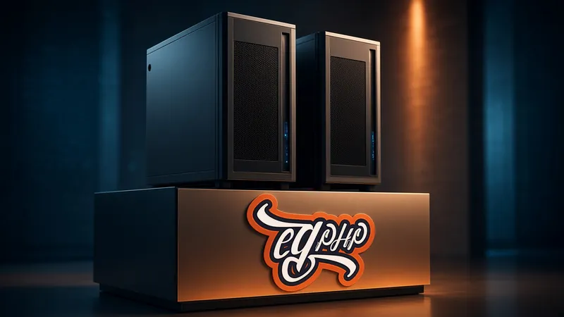 Two racks standing on a plinth that carries the mark