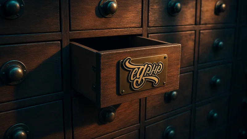 A wall of card-index drawers, one open, a brass plate carrying the mark