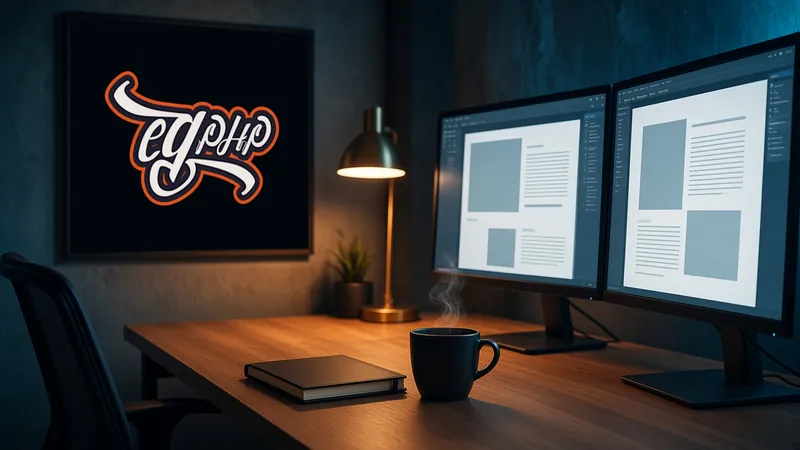 A reading desk with two screens and the mark framed on the wall