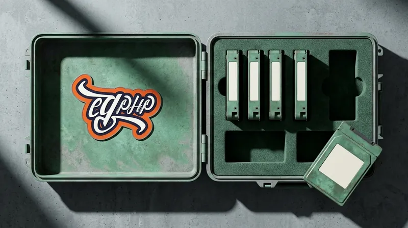 An open transit case with drive caddies seated in foam, the mark printed inside the lifted lid