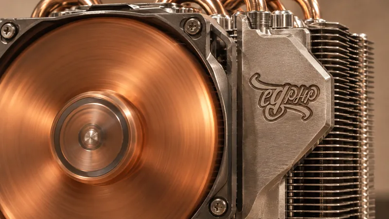 A cooling fan spun to a continuous copper disc, the mark etched into the heatsink shroud