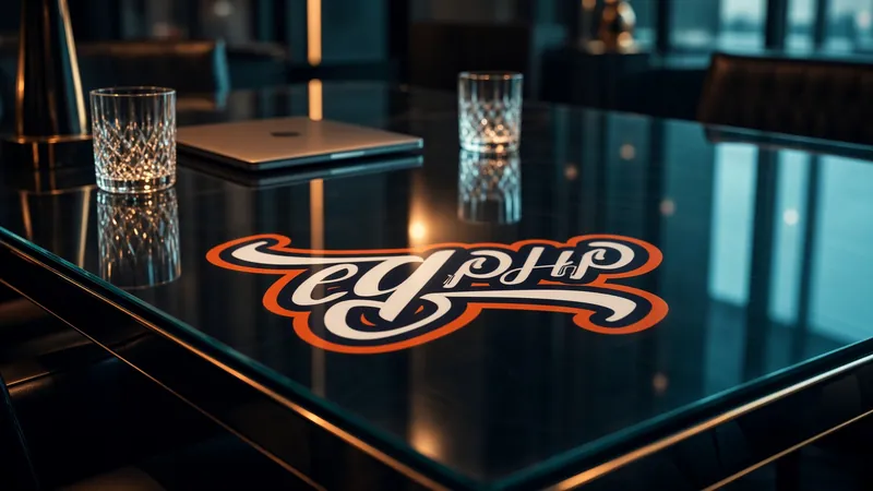 A dark glass table with the mark etched into it